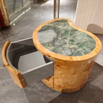 Contoured Amber Burl Wood Side Table with Green Stone Top and Two Drawers